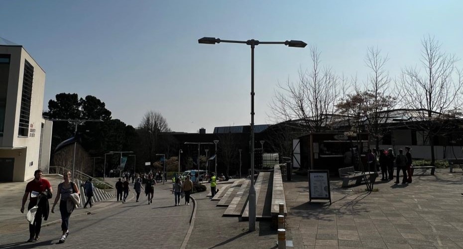 Forum hill on Streatham Campus on a sunny day