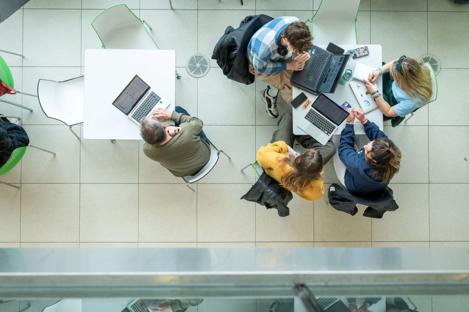 Aerial shot of students studying