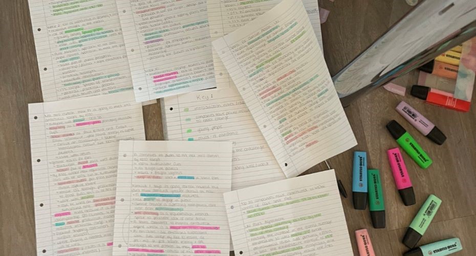 Many pages of handwritten revision notes and multicoloured highlighters