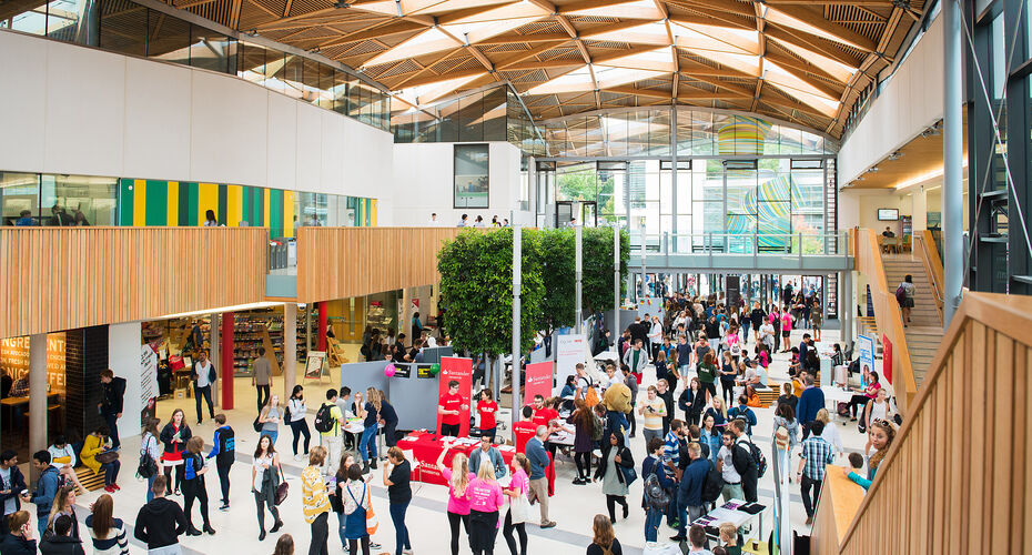 Busy Forum atrium at Streatham Campus