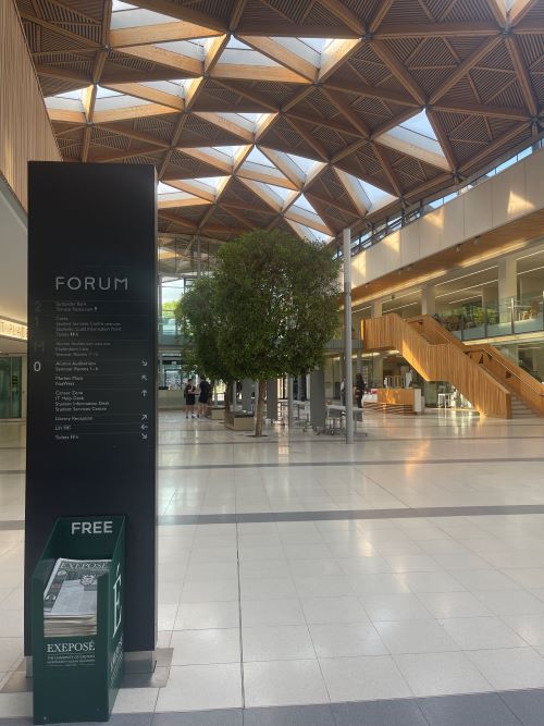 Inside the Forum building atrium on Streatham Campus