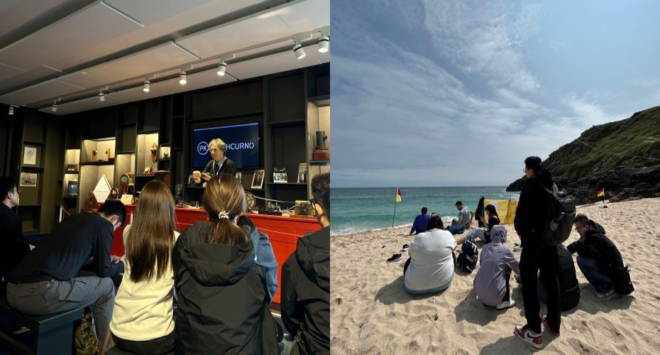 Two photos of students, one at Porthcurno Museum and Porthcurno Beach