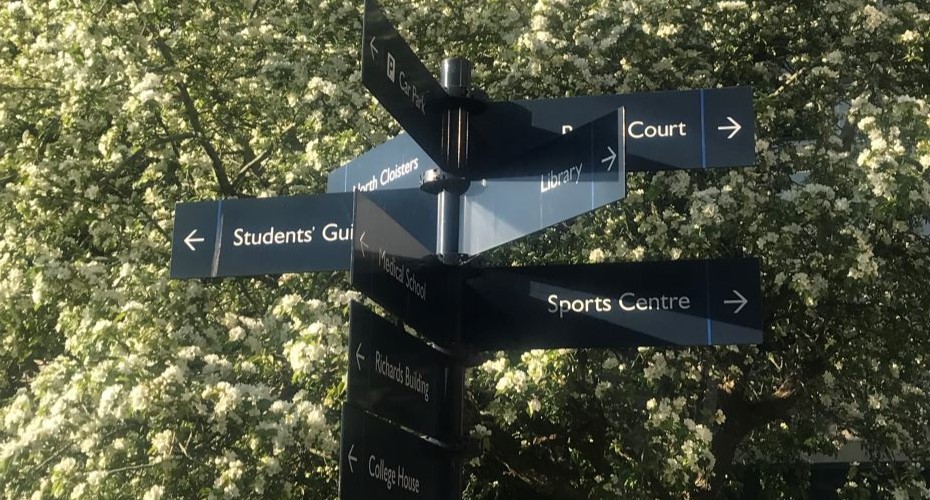 Signpost showing different university buildings